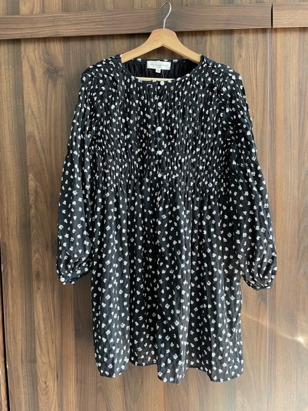 Black Floral Smocked Long-Sleeve Mini Dress